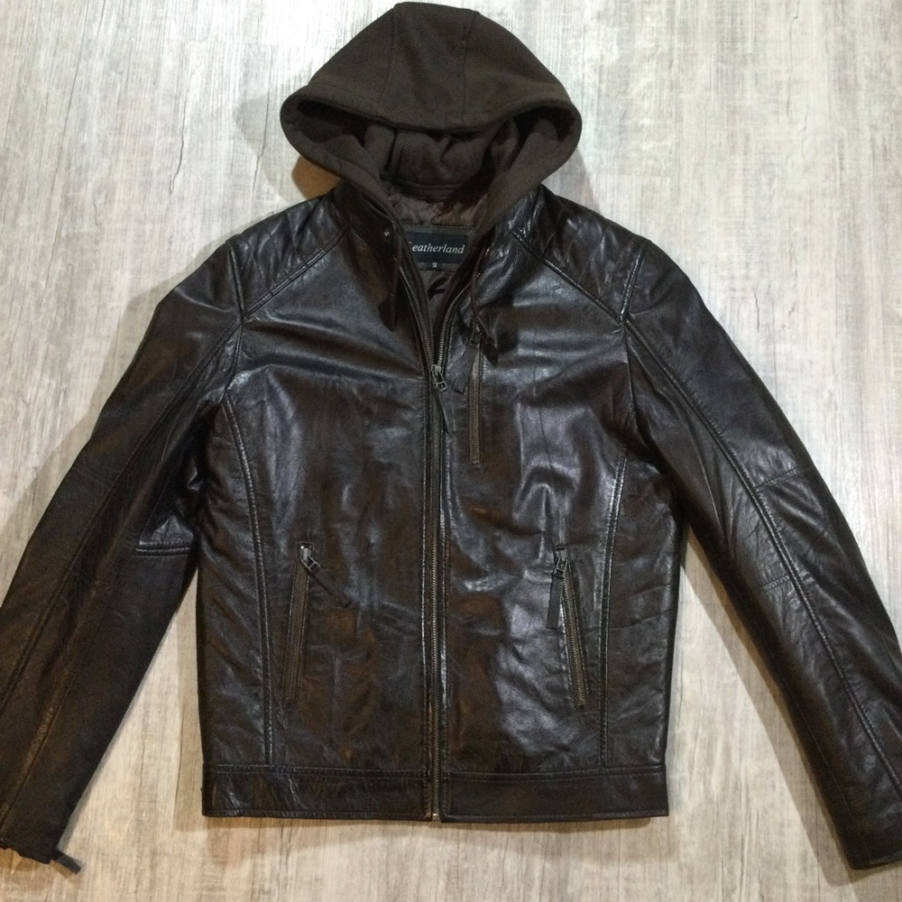 Artpet Unisex Sz S Handmade Italian Leather Detachable￼ Hoodie Jacket Brown.